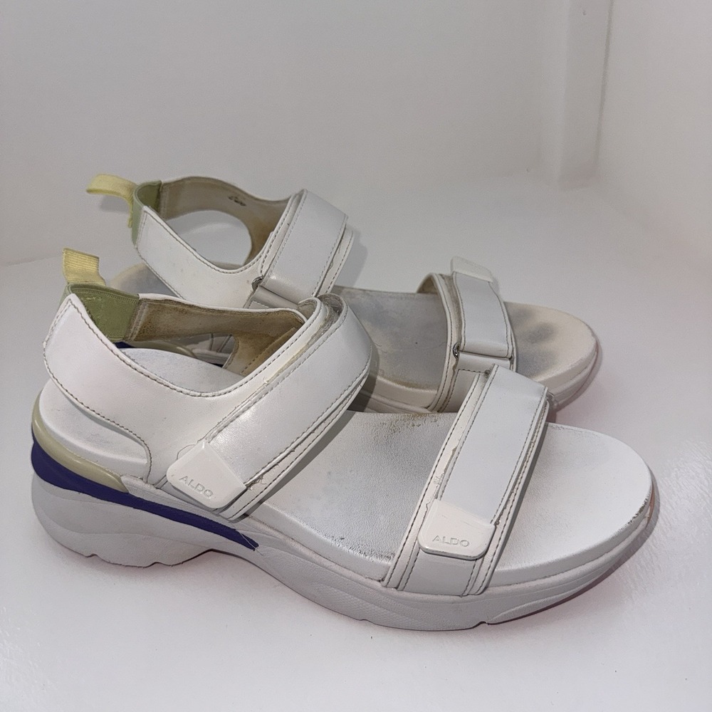 ALDO Colbie White Leather Sport Wedge Sandals Hook Loop Women's Size 10